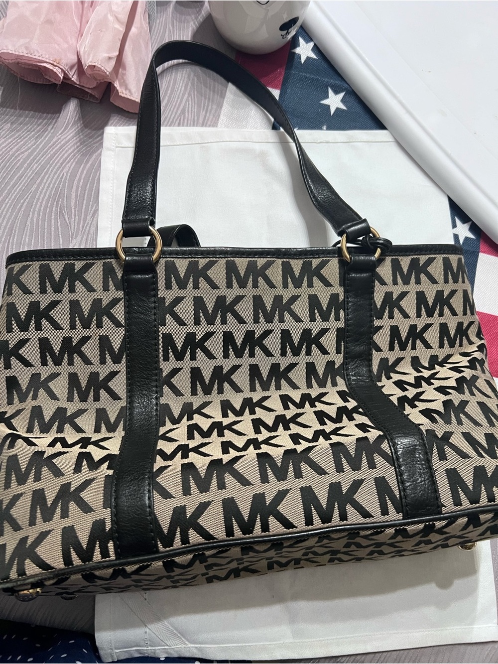 Michael Kors MK Large Jacquard Logo Tote Shoulder Bag Black Tan Leather Trim